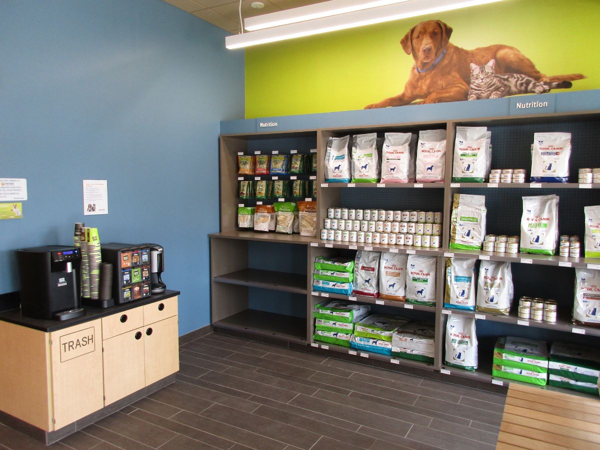 The Banfield Brea Marketplace hospital supply shelves