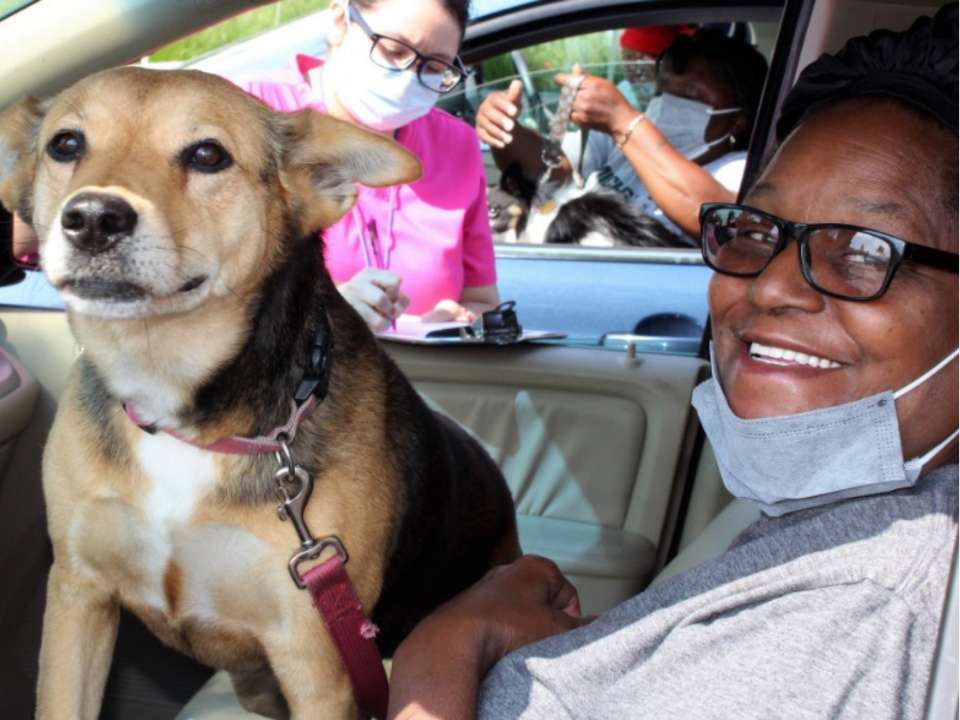 A photo of a dog and a woman smiling
