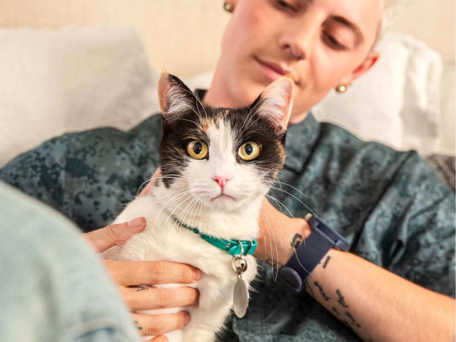 A young man lying on a sofa, caressing his cat