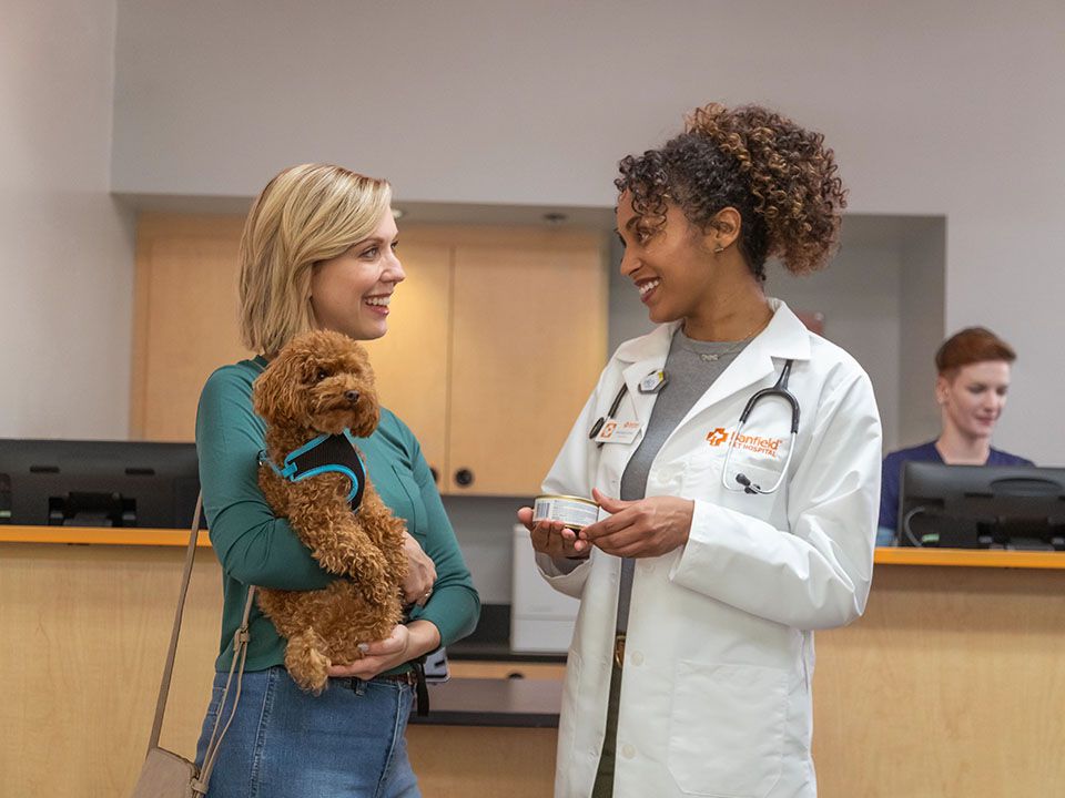smiling woman holds brown dog talks to smiling vet