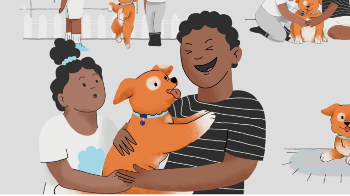 Illustration of a puppy being held by its owners