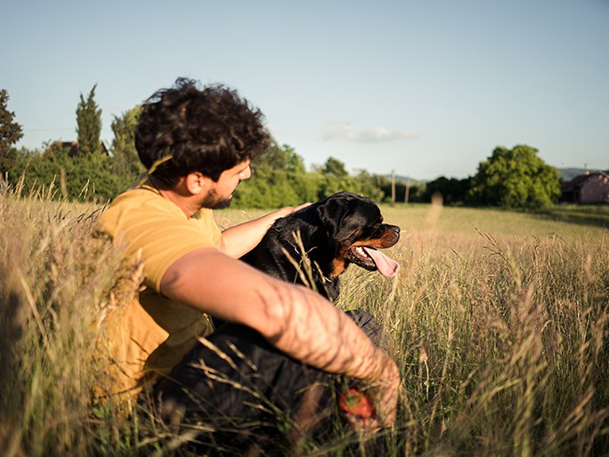 A man and a dog sit side-by-side outside in tall grass
