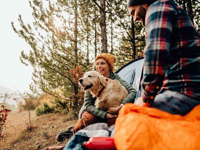 A woman sitting next to her golden retriever at a campsite