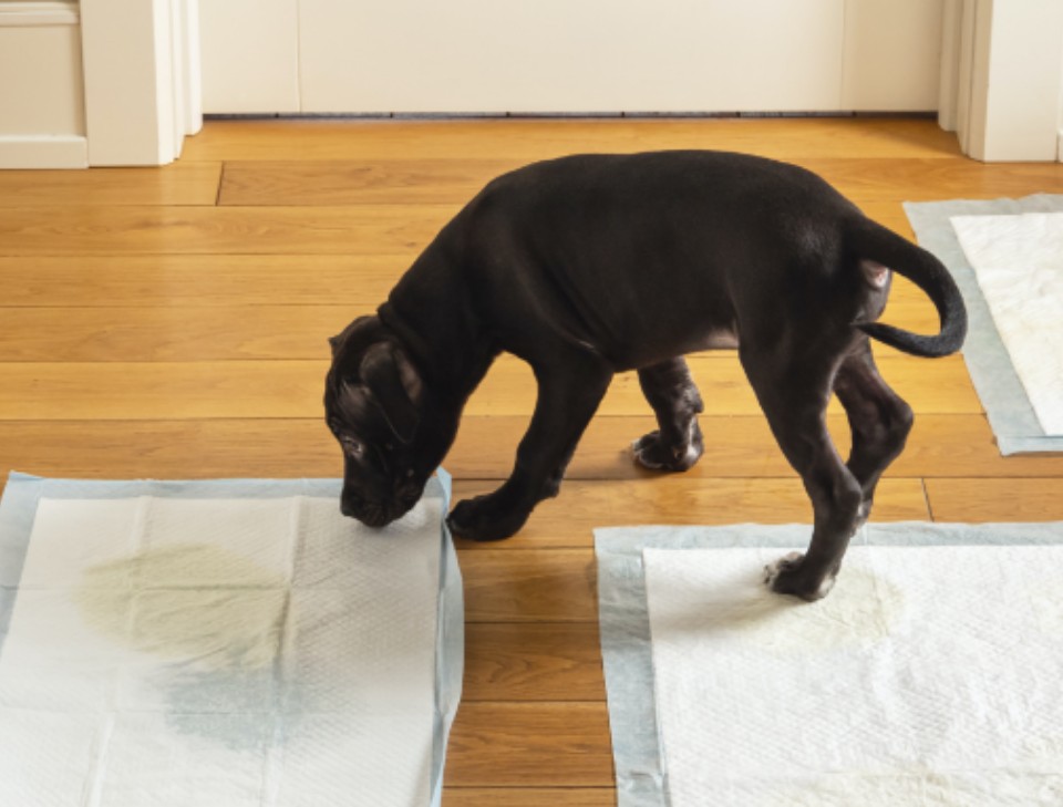 puppy sniffs potty training pad