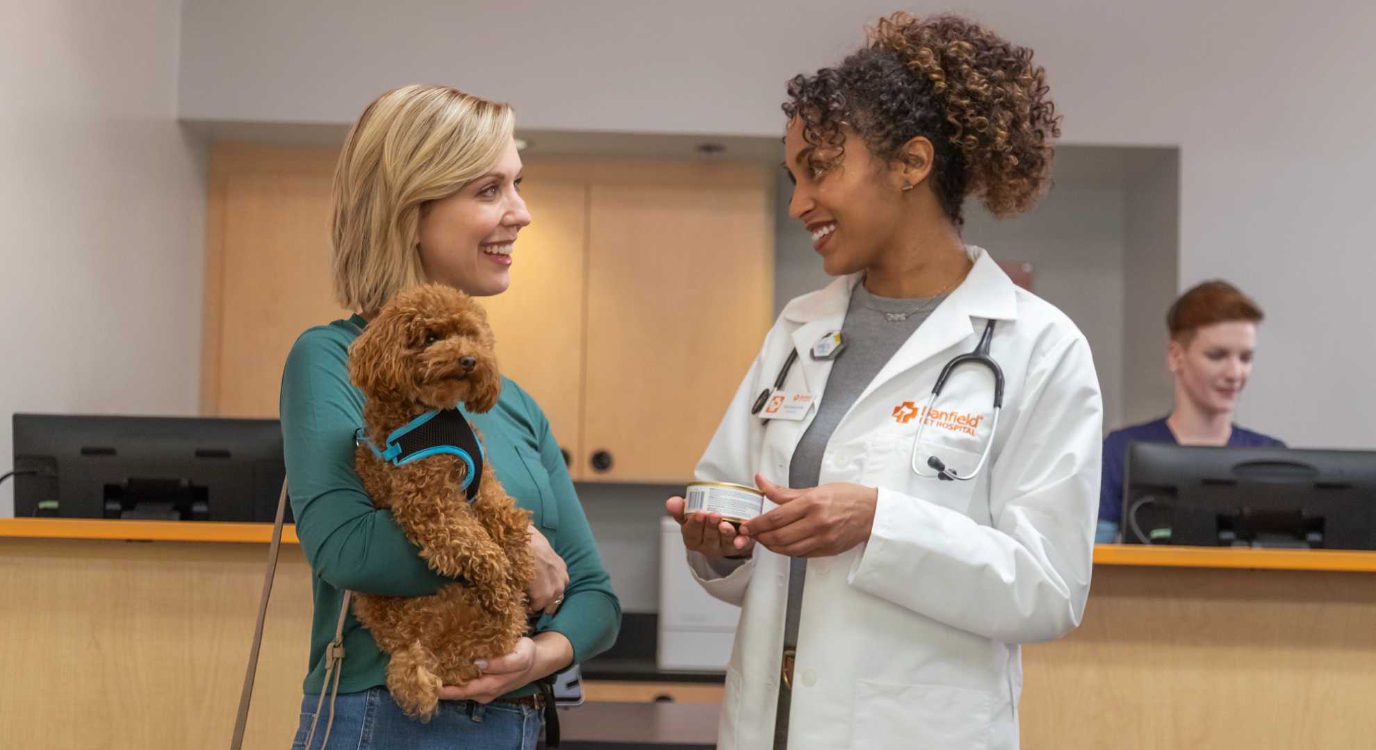 smiling woman holds brown dog talks to smiling vet