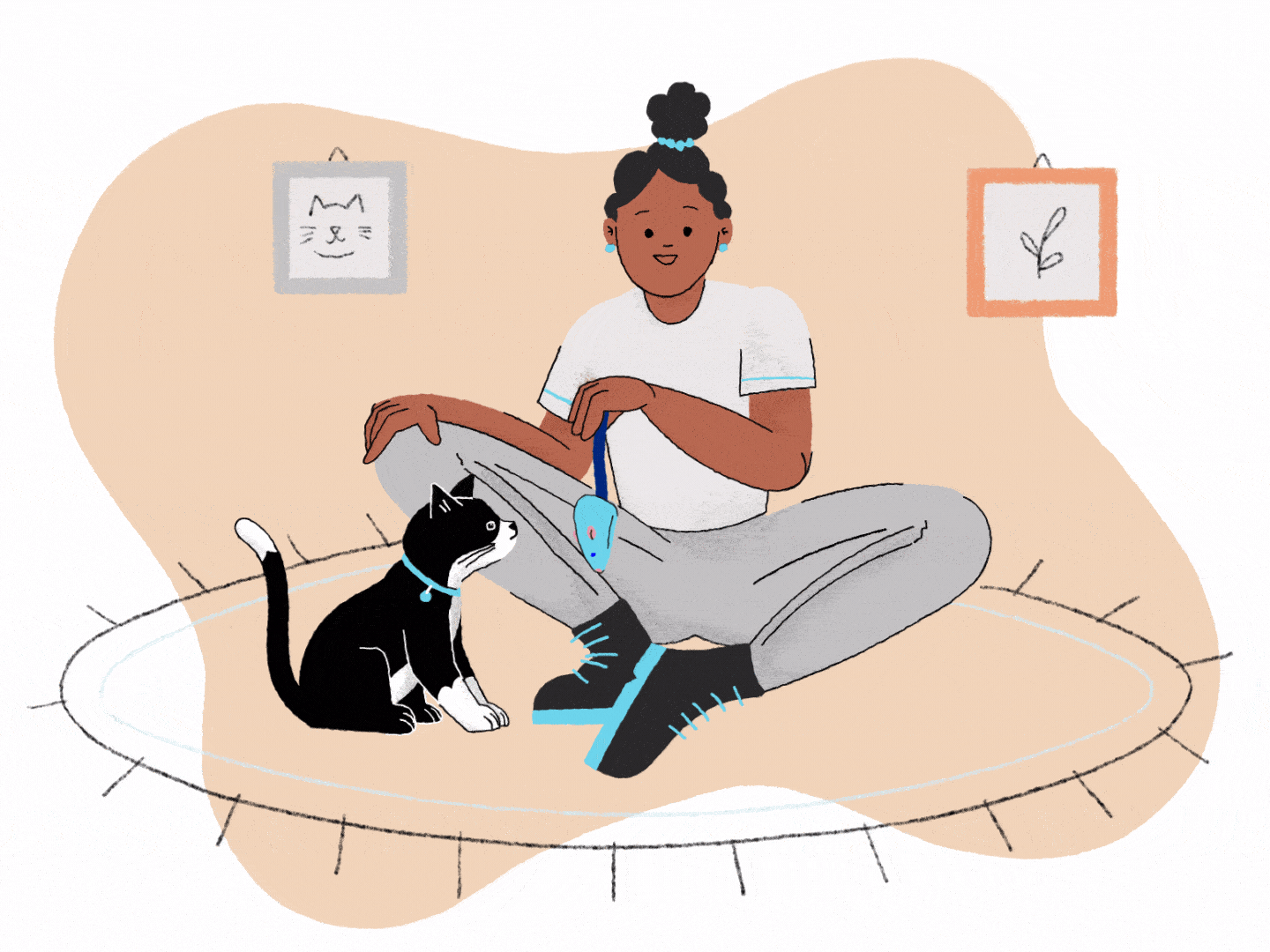 girl and black kitten play illustration
