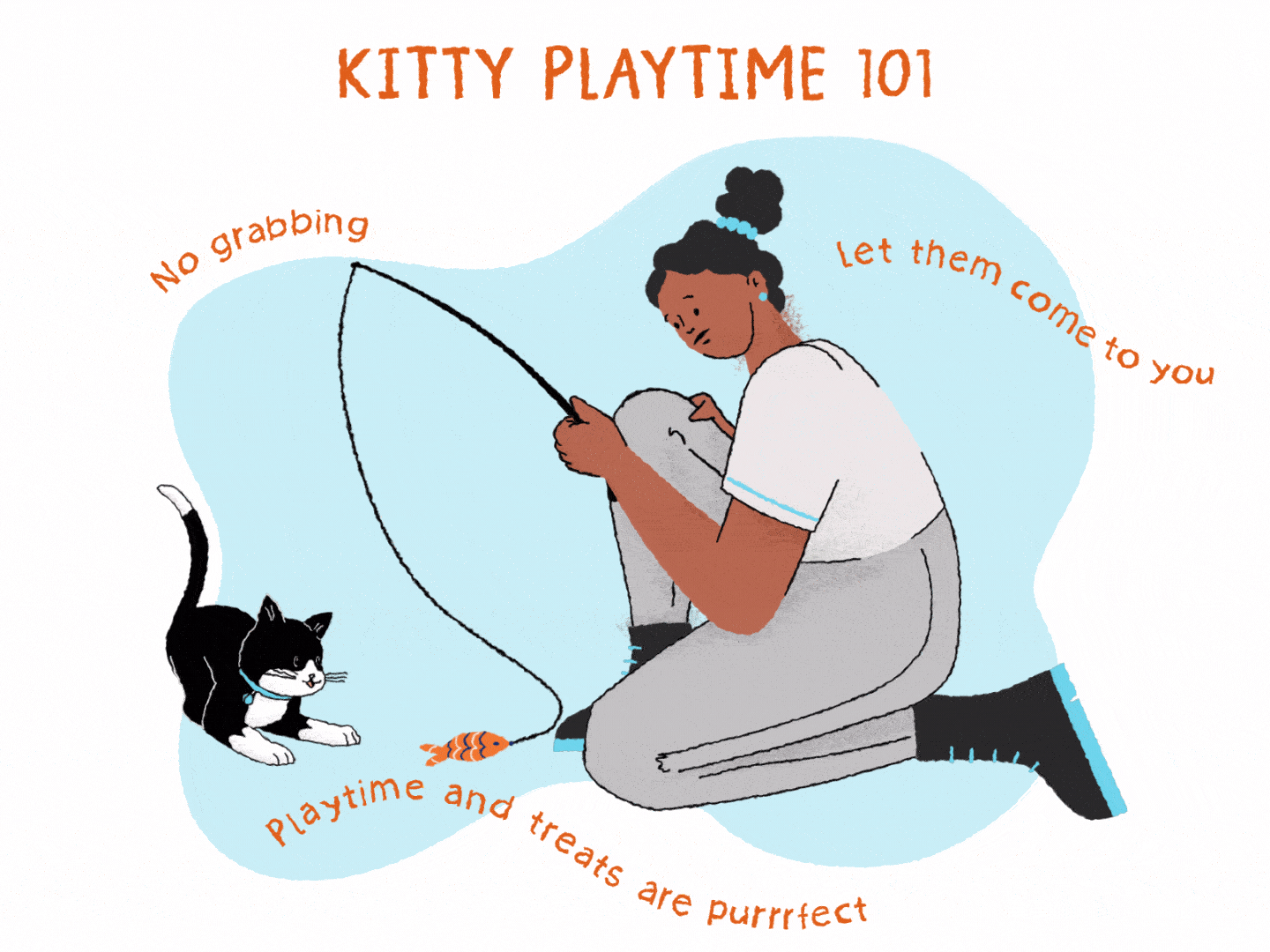 girl plays cat fishing toy illustration