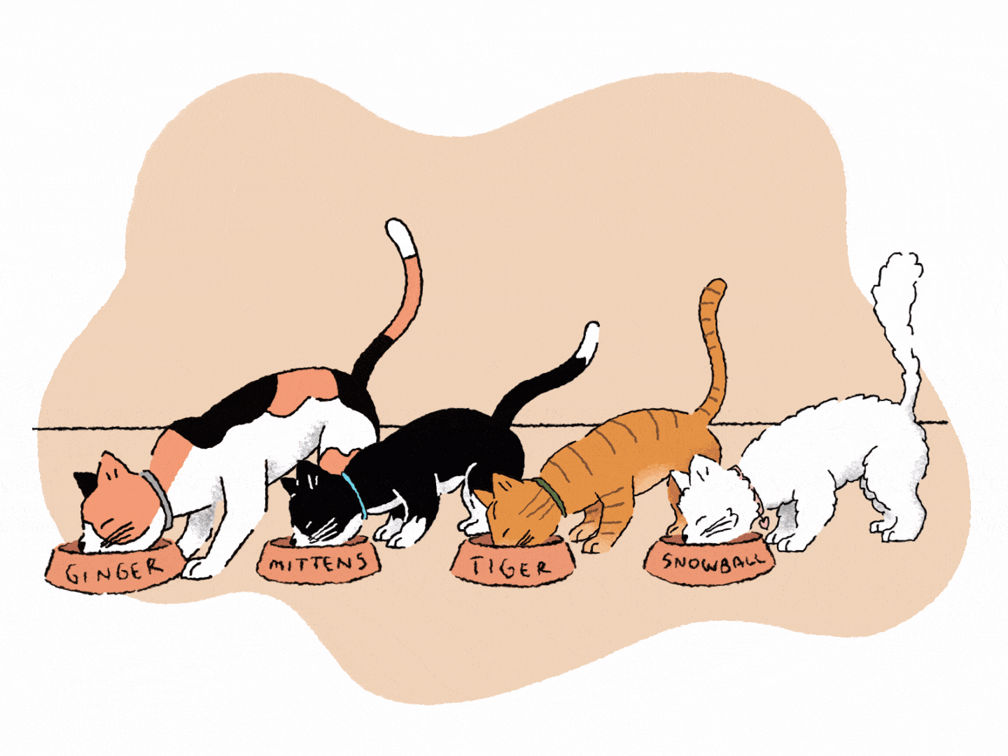 four cats eating illustration
