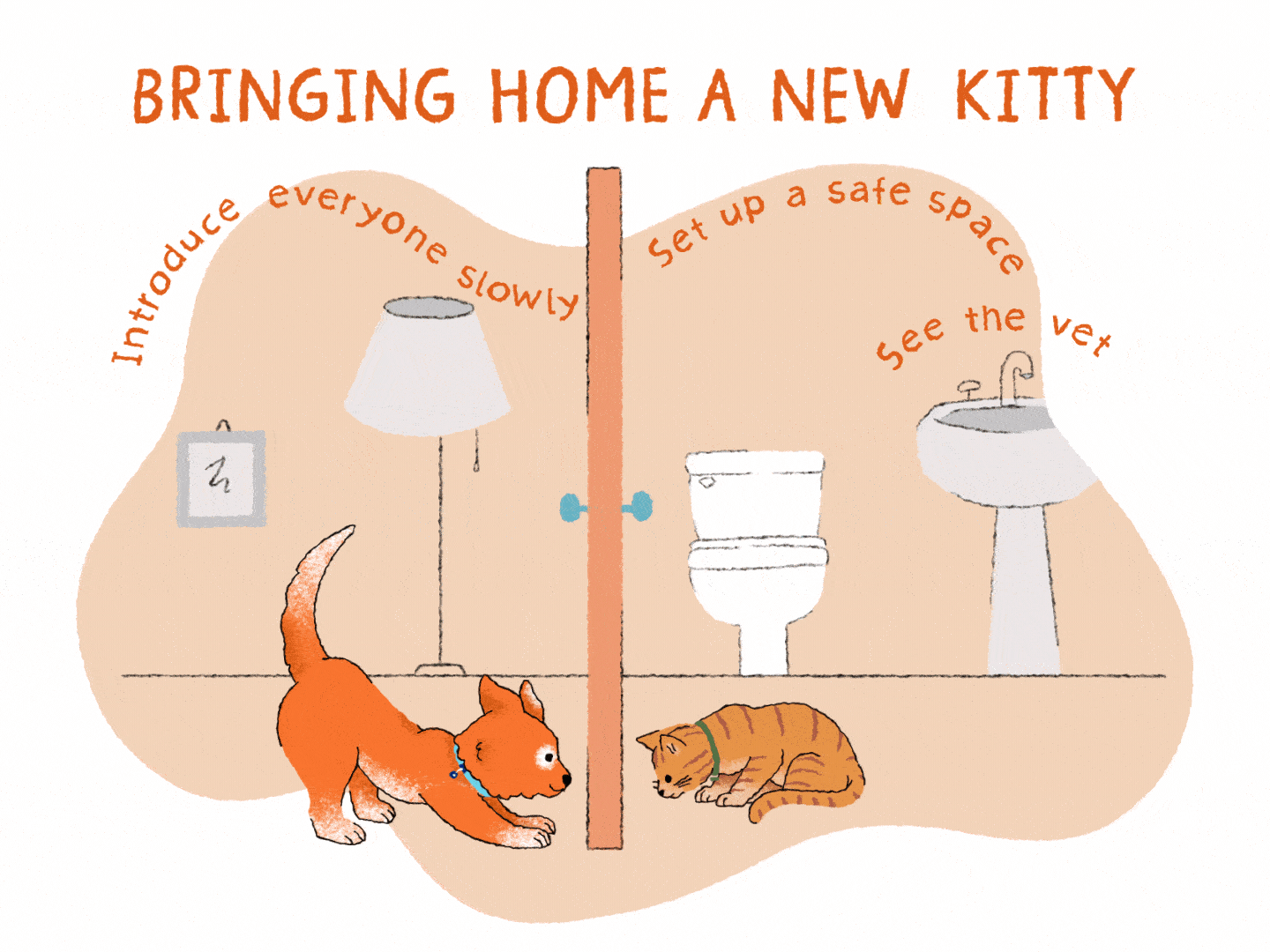 orange puppy meets orange cat illustration