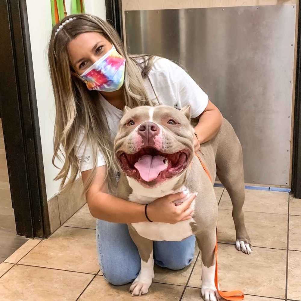 Staff member and smiling dog
