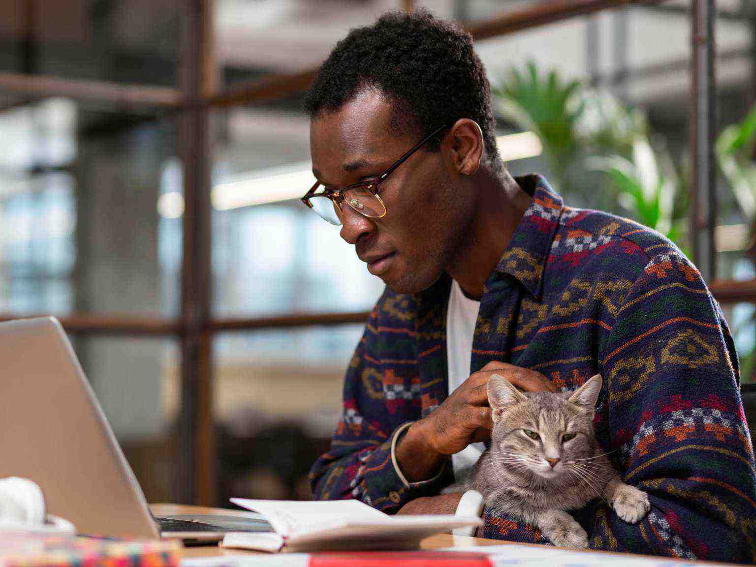 A man at work in his home office with his cat.