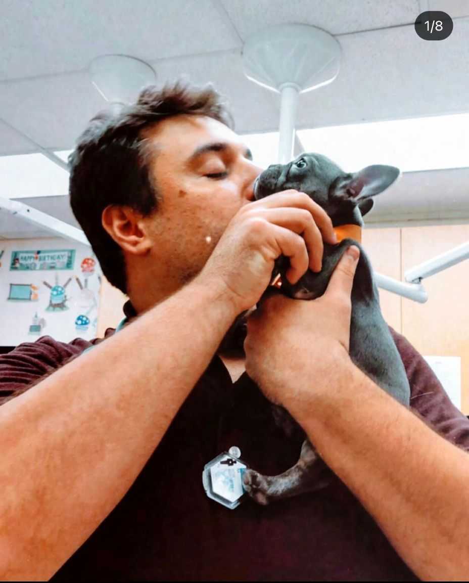 A male Banfield associate kissing a puppy at the Banfield Pet Hospital