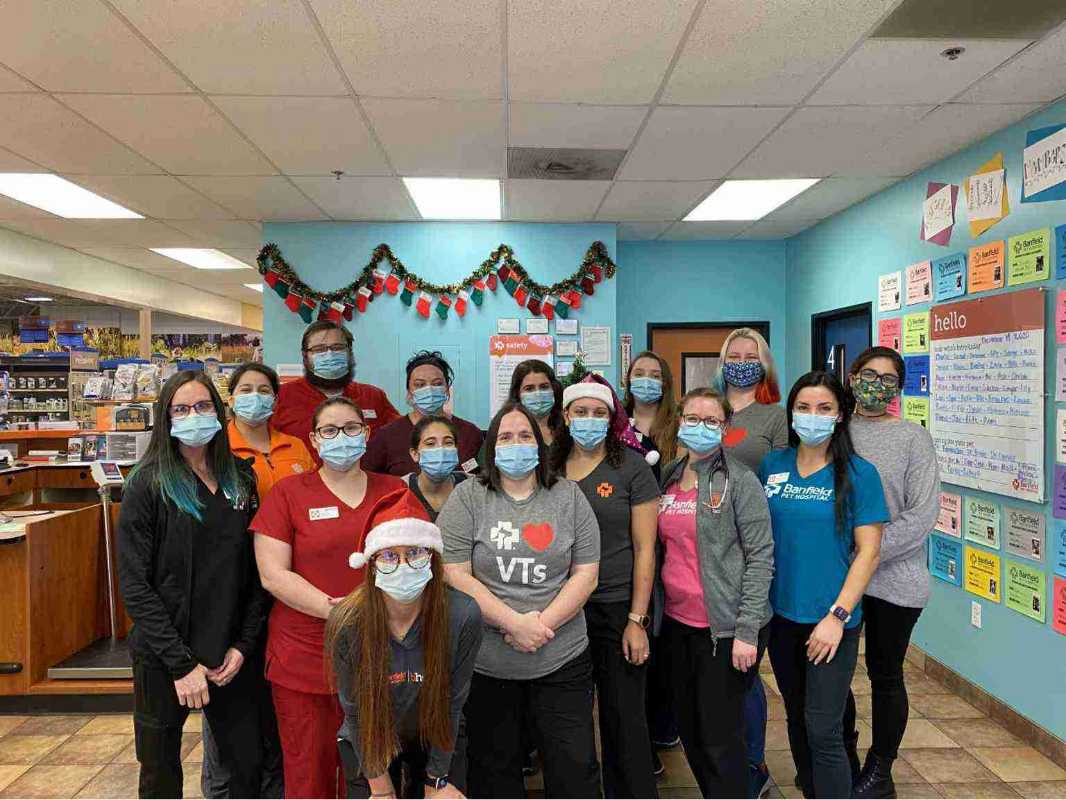 A group of Banfield Associates celebrating Christmas at the Banfield Pet Hospital