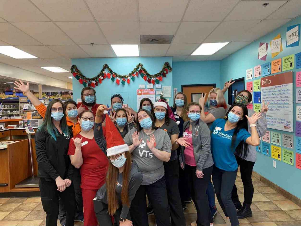 A group of Banfield Associates celebrating Christmas at the Banfield Pet Hospital